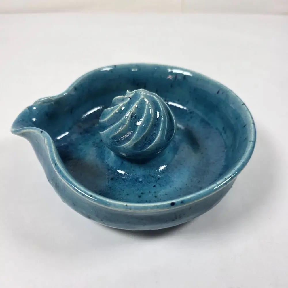 Vintage Artist Signed Pottery Orange Lemon Citrus Juicer Blue speckled
